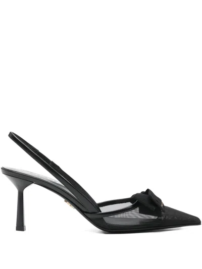 Prada Pointed Toe Pumps With Logo Bow Detail In Black