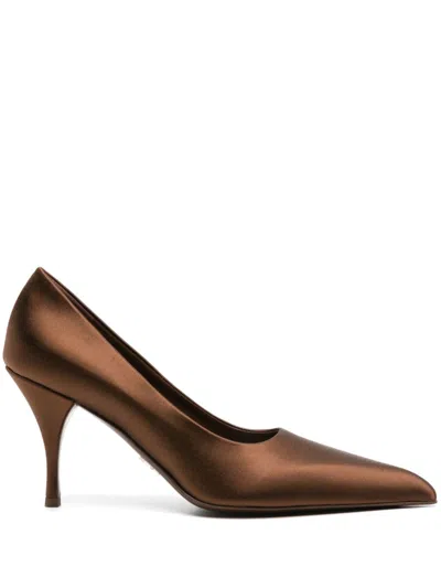 Prada Pointed Toe Satin Pumps In Brown