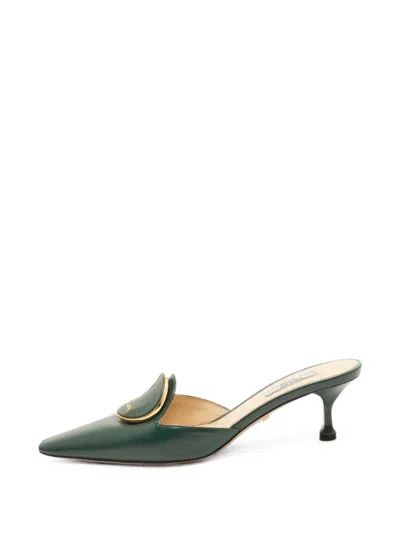 Pre-owned Prada Pointed-toe Leather Mules In Green