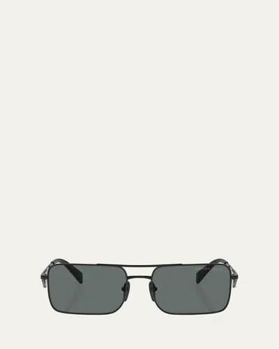 Prada Polarized Steel Rectangular Sunglasses In Black