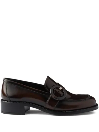 Prada Polished Brown Flat Shoes With Decorative Buckle In Black