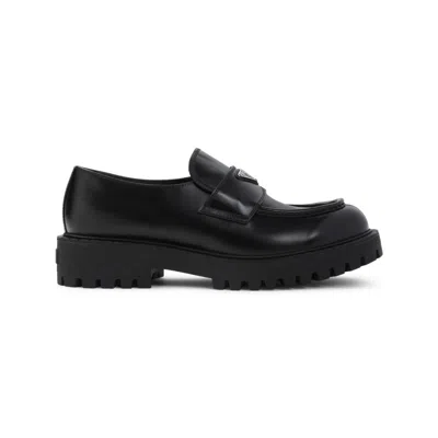 Prada Polished Calf Leather Loafers With Rubber Sole In Black