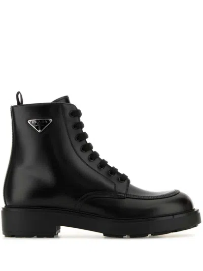 PRADA POLISHED FINISH LEATHER COMBAT BOOTS