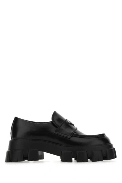 Prada Polished Leather Loafers With Chunky Sole In Black