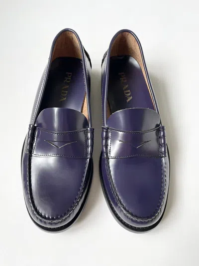 Pre-owned Prada Polished Purple Leather Loafers In Eggplant Purple