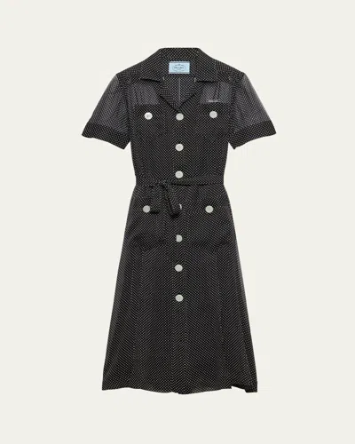 Prada Polka-dot Chiffon Short-sleeve Midi Shirtdress