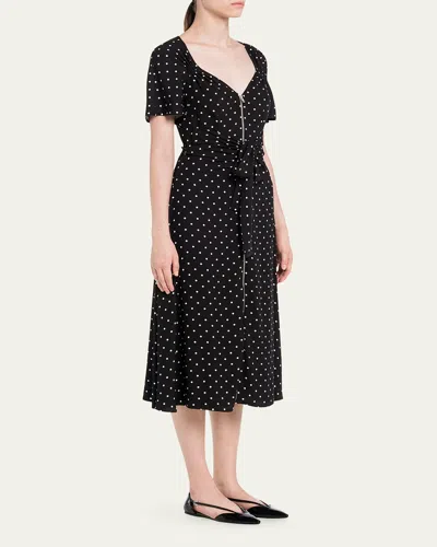 Prada Polka-dot Ruched Sweetheart Midi Dress In Nero Avorio