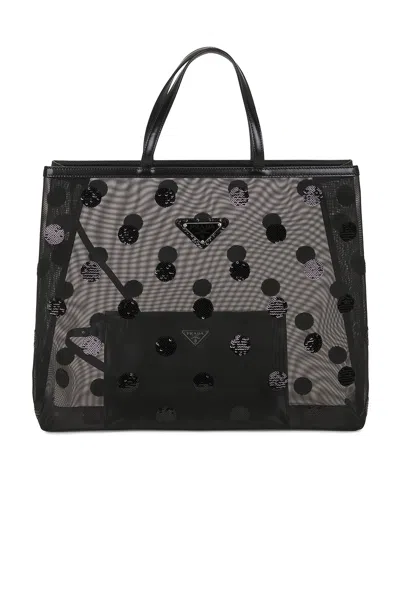 Pre-owned Prada Polka Dot Sequined Mesh Tote Bag In Black