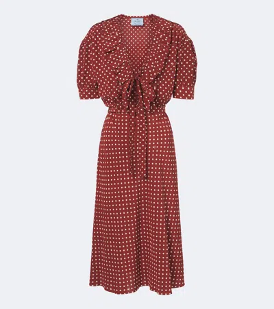 Prada Polka-dot Ruffled Silk Midi Dress In Brown