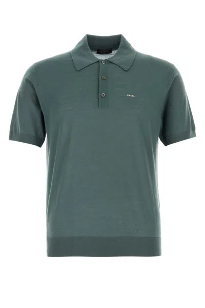 Prada Wool Shirt Polo Collar Ribbed Hem In Green