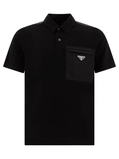 Prada Polo Shirt In Cotton With Re-nylon Details In Black