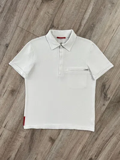 Pre-owned Prada Polo Shirt Zip Cotton Red Tab Logo Pocket Size S In White