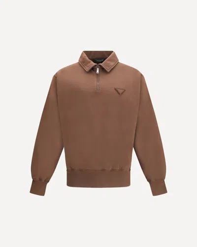 Prada Ribbed Polo Sweatshirt With Collar And Cuffs In Brown