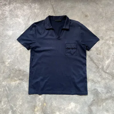 Pre-owned Prada Polo V Neck Pocket Clip Shirt In Blue