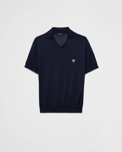 Prada Midnight Blue Cashmere Polo Shirt In Black