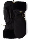 Prada Re-nylon And Shearling Mittens In Black