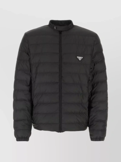 Prada Polyester Quilted Jacket With Ribbed Collar And Elasticated Cuffs In Black