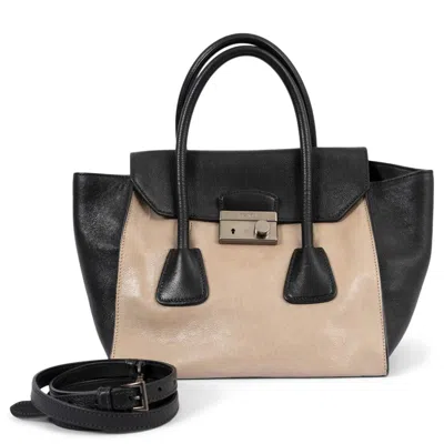 Pre-owned Prada Pomice Beige & Black Glace Leather Sound Tote Bag