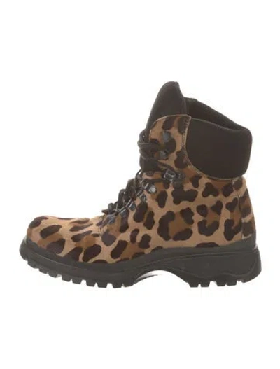 Pre-owned Prada Ponyhair Animal Print Combat Boots In Neutral