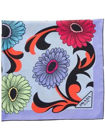 Prada Pop-retro Floral-printed Silk Scarf In Blau