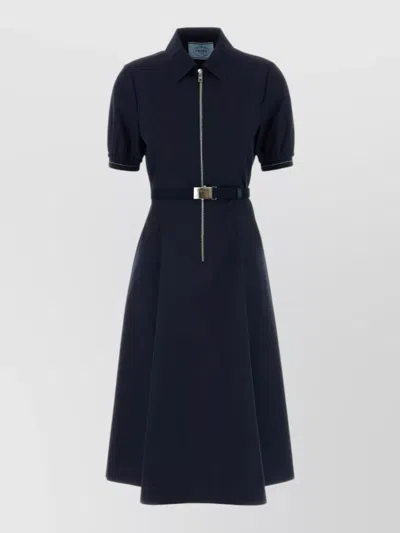 Prada Poplin A Line Dress Belted Waist In Blue