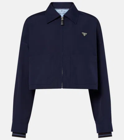 Prada Cropped Nylon Silk Tailored Jacket Long Sleeves In Blue