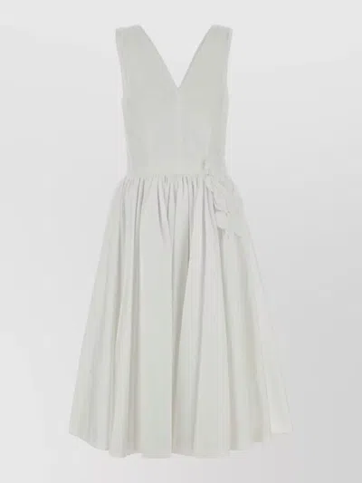 Prada Poplin Dress Flared Skirt Floral Embellishment Sleeveless In Neutral