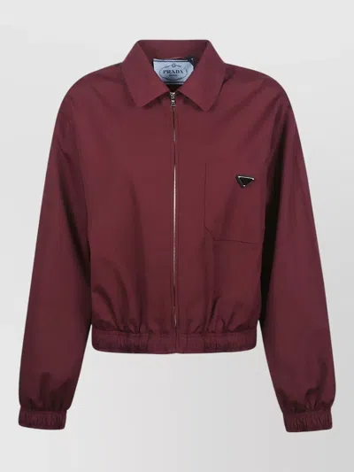 Prada Poplin Jacket Chest Pocket Elasticated Hem In Burgundy