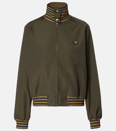 Prada Poplin Bomber Jacket Ribbed Collar Cuffs Hem In Green