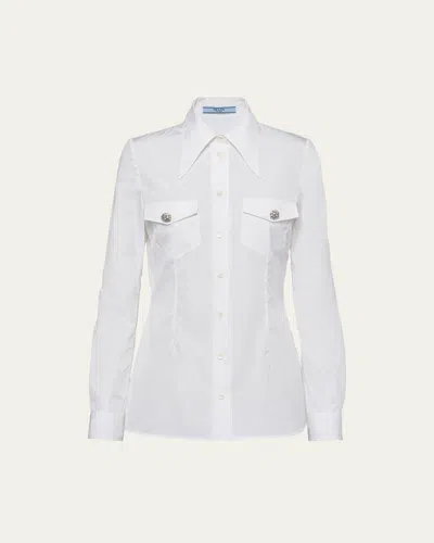 Prada Poplin Long-sleeve Top With Crystal Buttons In Bianco