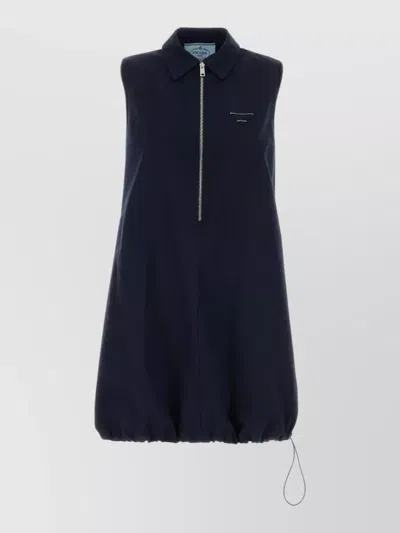Prada Poplin Mini Dress Sleeveless Drawstring Hem In Blue