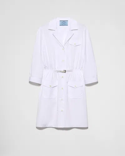 Prada Pleated Popeline Neck-tie Shirtdress In Weiss