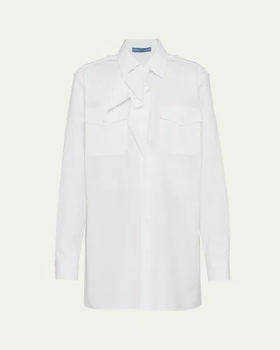 Prada Poplin Scarf-neck Overshirt In Bianco