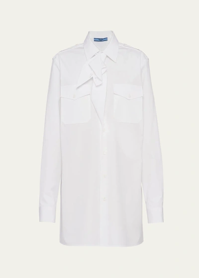 Prada Poplin Scarf-neck Overshirt In F0009 Bianco