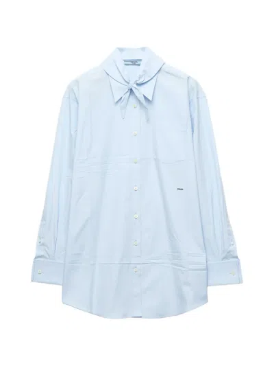 Prada Oversized Shirt With Pocket And Embroidered Logo In Blue