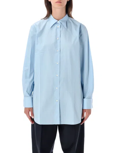 Prada Poplin Shirt With French Cuffs And Embroidered Logo In Blue