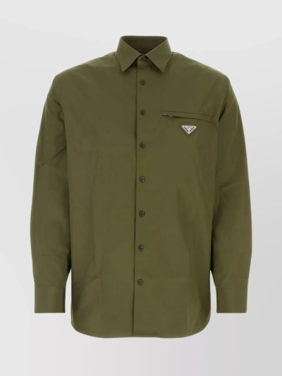Prada Poplin Shirt With Rear Yoke And Short-pointed Collar In Green