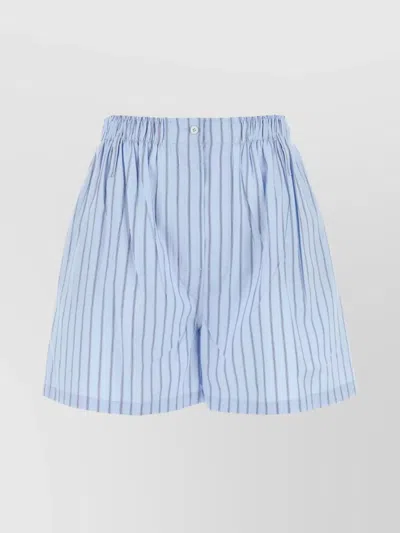 Prada Poplin Shorts With Embroidered Stripes And Button In Blue