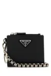 Prada Leather Wallet With Keyring Attachment And Metal Chain In Black