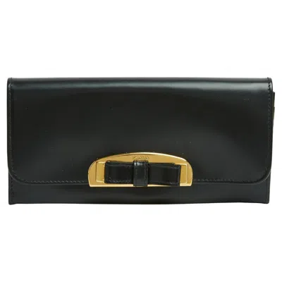 Pre-owned Prada Portefeuille Pochette Cuir Noir Black Leather Knot Wallet Clutch In Box