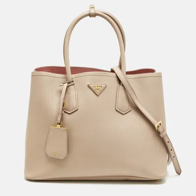Pre-owned Prada Poudre Beige Saffiano Cuir Leather Large Double Handle Tote In Sand
