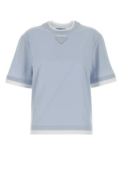 Prada Cotton T Shirt Short Sleeves Crew Neck In Blue