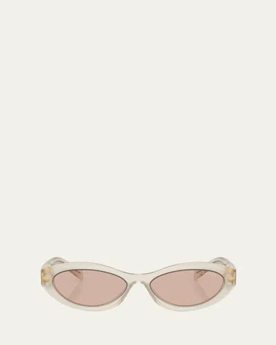 Prada Pr 26zs Beveled Acetate & Plastic Oval Sunglasses In White/brown