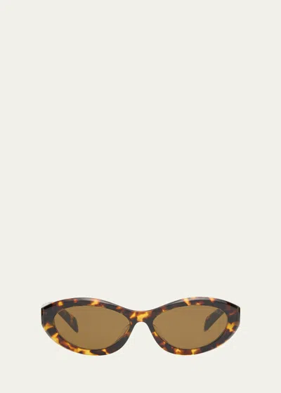 Prada Pr 26zsf Logo Beveled Acetate Oval Sunglasses In Dark Brown