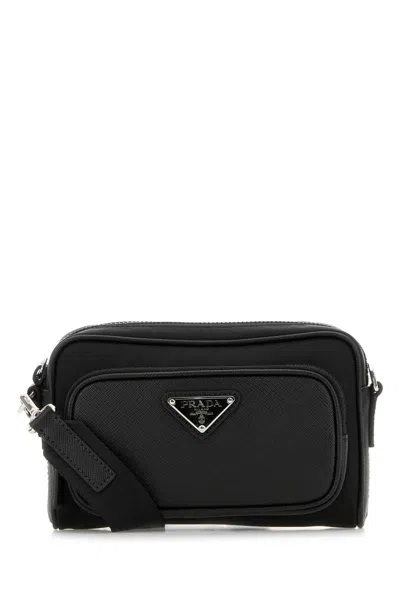 Prada Practical Crossbody Handbag With Re-nylon And Leather, 18 Cm Width X 11 Cm Height X 5 Cm Depth In Black