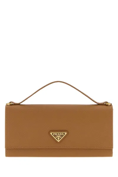 Prada Practical Leather Wallet With Golden Hardware, 20cm X 11cm X 2cm In Camel