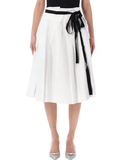Prada Belted Gabardine Pleated Skirt In White