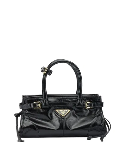 Prada Handheld Clutch With Buckle And Drawstring In Black