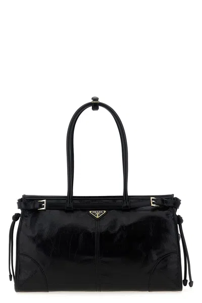 Prada Womens Black Logo-plaque Large Leather Top-handle Bag