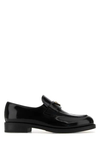 Prada Brushed Leather Loafers With Logo In Black